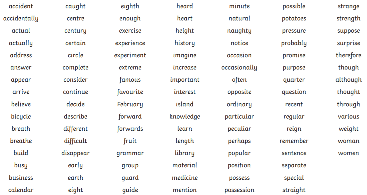 The following words are the statutory spellings for years 3 and 4. They should be able to 